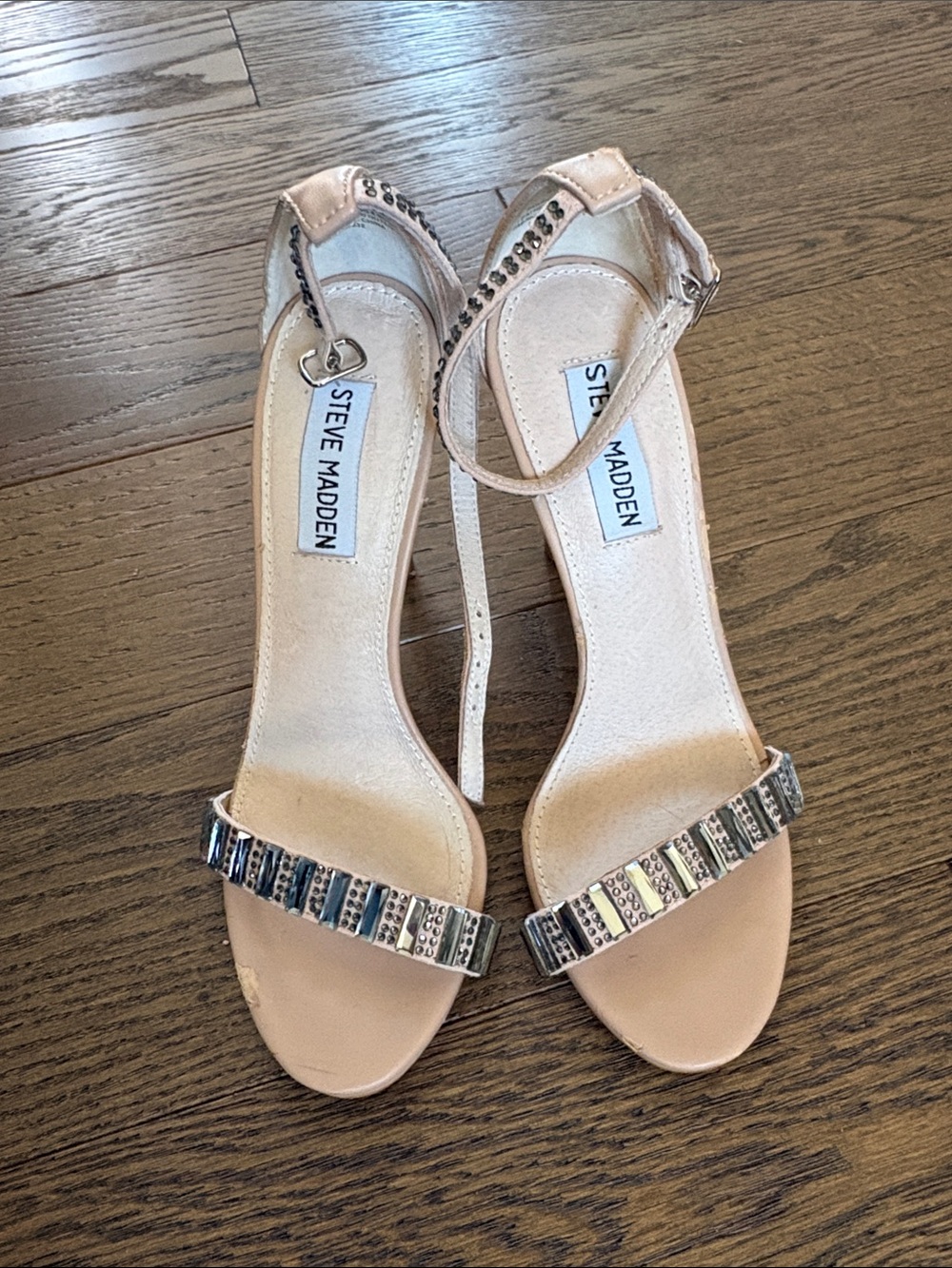 Steve Madden Suzzana Natural Crystal-Accented Ankle-Strap Heels